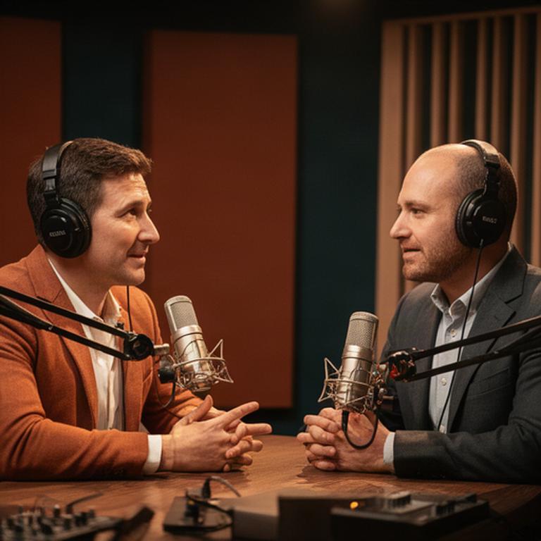 Twee zakelijke podcastgasten in een warme opnamekamer met microfoons en koptelefoons