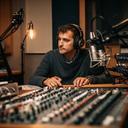 Audio-engineer met koptelefoon achter een mengpaneel in een professionele podcaststudio