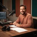Creatieve podcastproducer in een warme studio aan een houten montagetafel