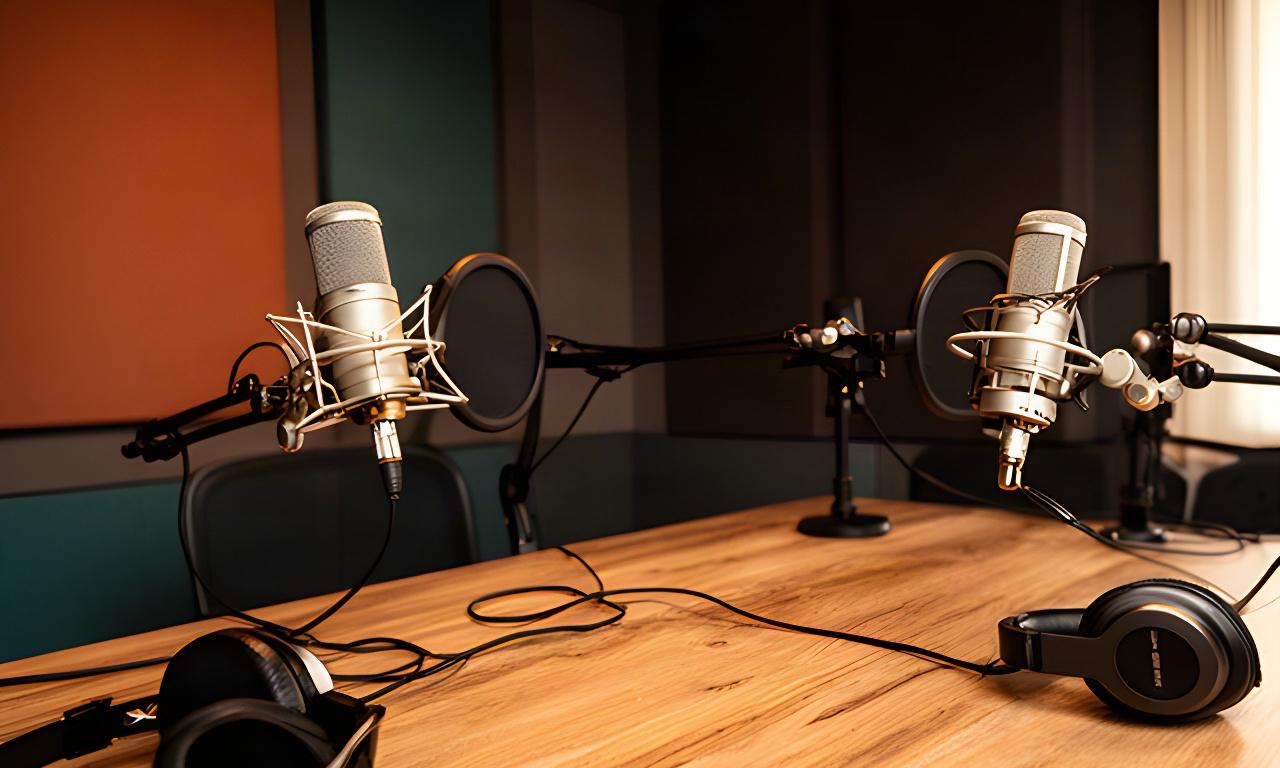 Warme podcaststudio in Landsmeer met twee microfoons, koptelefoons en een houten tafel