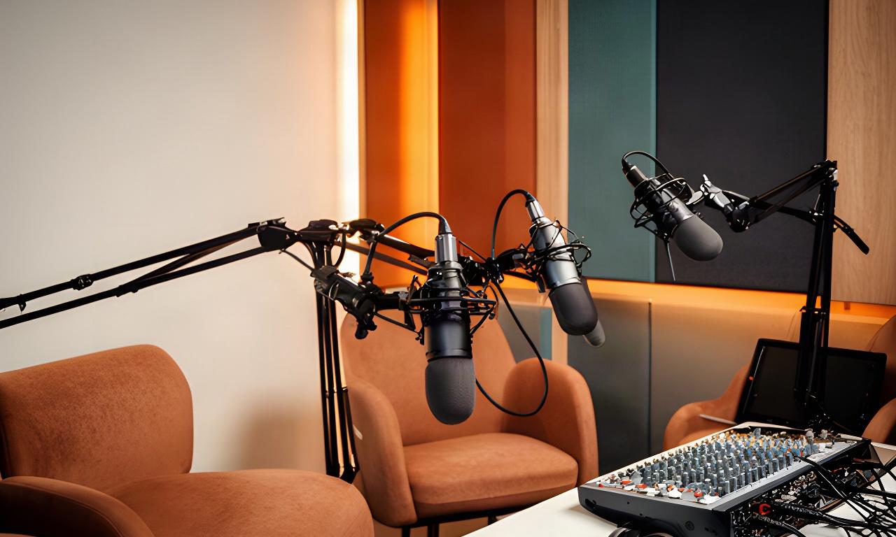Stille podcaststudio in Landsmeer met drie professionele microfoons, comfortabele stoelen en warme studiobelichting
