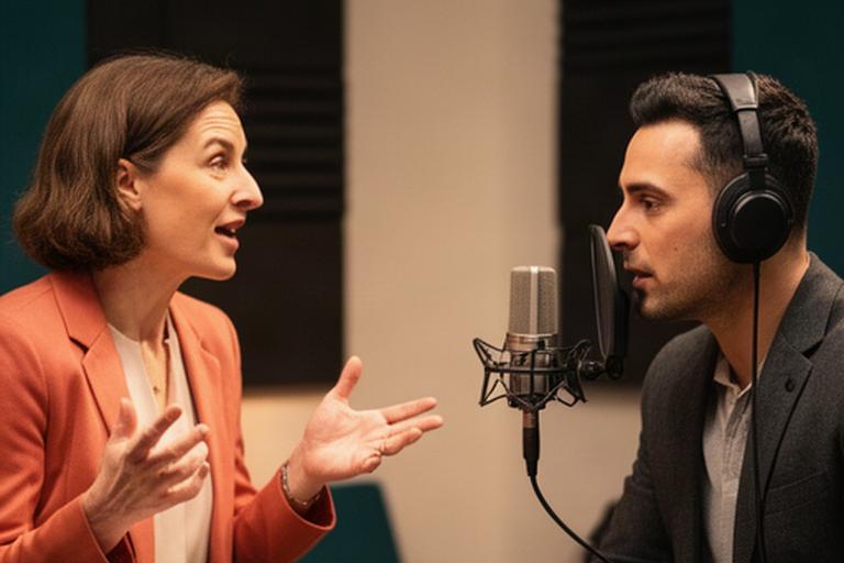 Stemcoach geeft presentatietraining aan een zakelijke spreker naast een podcastmicrofoon